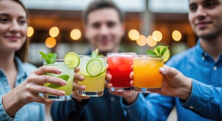 Group of friends toasting with colorful cocktails at a social gathering