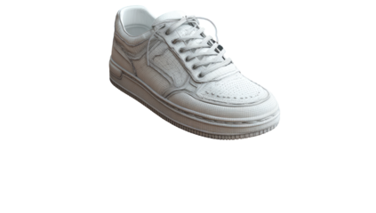 Single, white sneaker, side view.  Lace-up style, chunky sole.  High-top, clean design