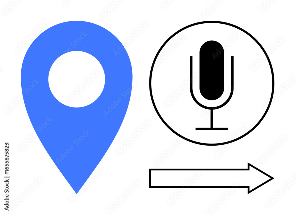 Poster blue location pin, microphone for voice command, arrow for navigation or action. ideal for navigatio