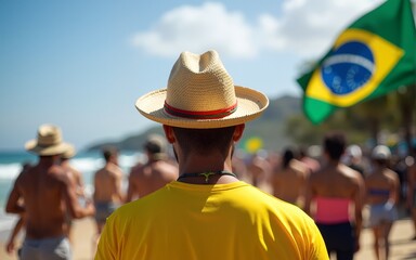 brazil independence day, brazilian man in a straw hat, back view, brazilian flag, beach party, street folk procession, music festival. High quality