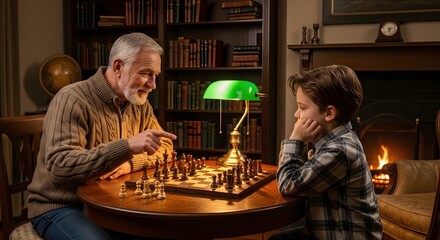 Grandfather and Grandchild Playing Chess by Fireplace.