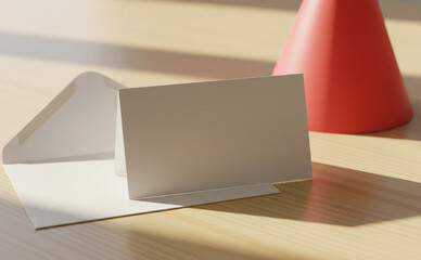 Birthday Card On Wooden Table With Envelope And Party Hat