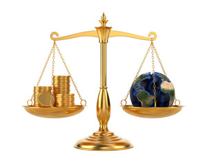 Money and globe on scale. Isolated 3D illustration on white background