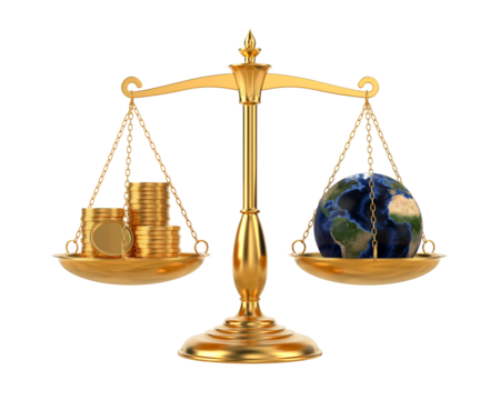 Money and globe on scale. Isolated 3D illustration on white background