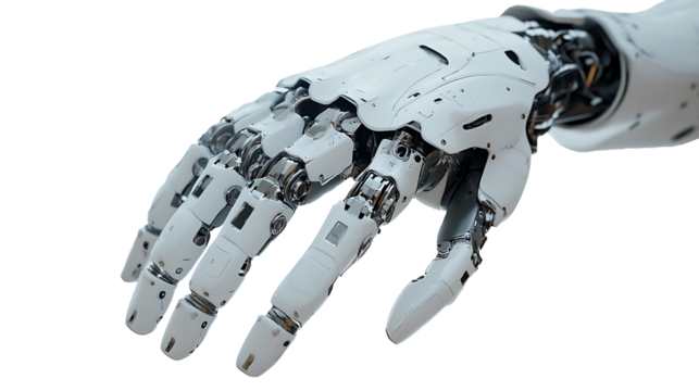 Detailed mechanical components of a futuristic robot hand isolated on transparent background for use in engineering and technology projects