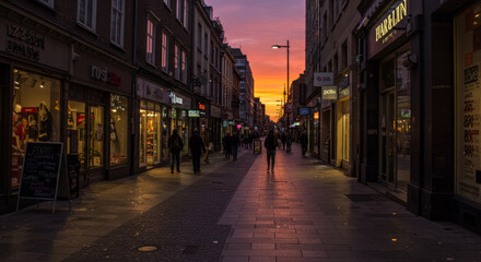 Fototapeta premium Walking along the central street of a big city during sunset.