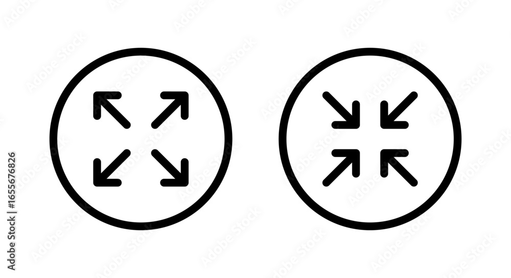 Poster expand and collapse screen icon in circular outline. fullscreen and minimize arrows symbol
