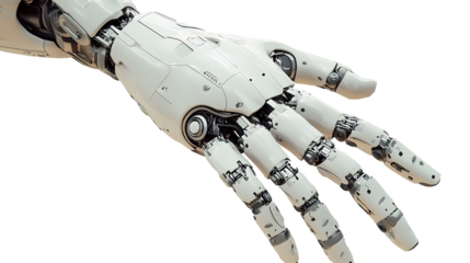 Futuristic robot hand featuring detailed mechanical components displayed on transparent background for advanced technology and innovation concepts