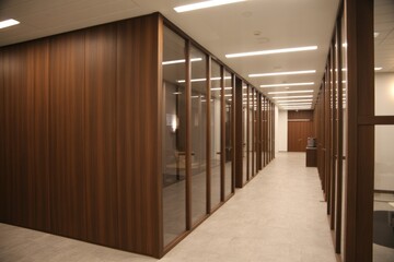 Modern office corridor with wood paneling and glass walls, creating a sleek and professional atmosphere.