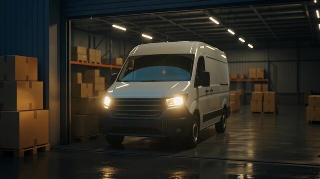 Delivery van inside warehouse with inventory boxes on pallets and shelves showcasing global logistics transport system at night
