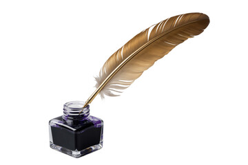  a classic quill pen, with a beautiful golden-brown feather, dipped into a small glass inkwell filled with dark ink. 
