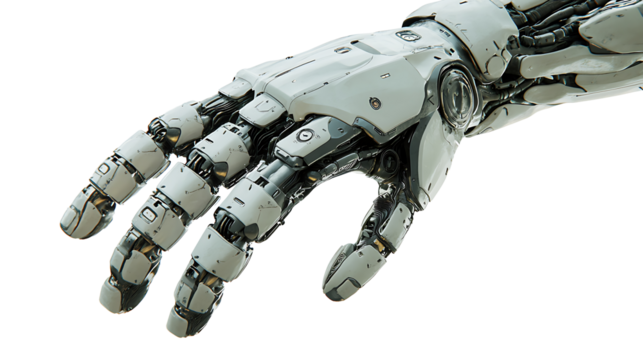 Futuristic robotic hand designed with complex mechanical parts shown on transparent background for automation and AI development themes