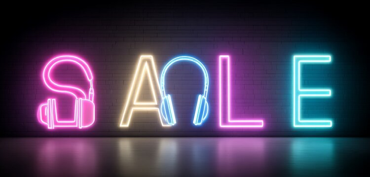 glowing cyber monday sale signs with a variety of discounted tech products like headphones and laptops - Powered by Adobe