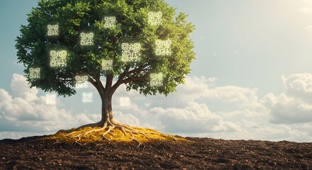 A vibrant green tree with exposed roots stands tall on a mound of earth, its branches adorned with glowing digital QR codes against a bright, cloudy sky.