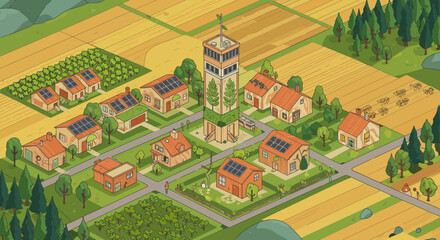 Isometric Illustration of a Sustainable Community with Renewable Energy Sources