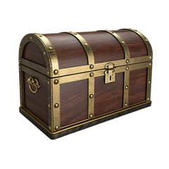 Antique wooden treasure chest with ornate metal details isolated on transparent background
