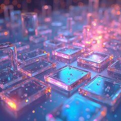 Obraz premium Abstract 3d background wallpaper with glass squares with colorful light emitter iridescent neon holographic gradient. Design visual element for banner header poster or cover.