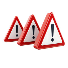 Three red triangle warning signs with exclamation mark isolated on transparent background