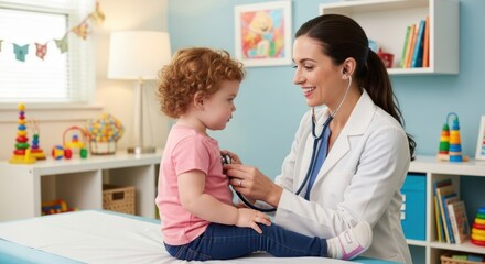 Obraz premium A pediatrician examining a young child with a stethoscope in a brightly lit, colorful, and playful pediatrician's office.