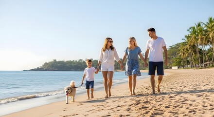 Happy Family Walking Dog on Beach.