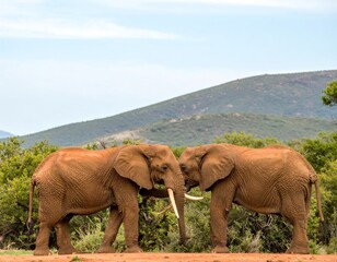 Two elephants facing each other in a savanna (1)