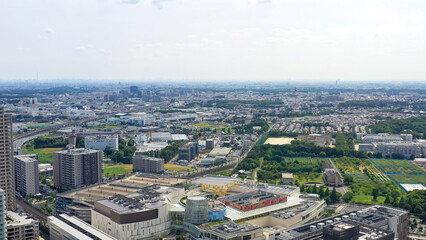 city, aerial view, drone, urban, residential area, townscape, society, blue sky, redevelopment, building, condominium, real estate, group of buildings, construction, landscape, development, japan, hig