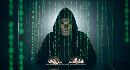 Hooded cyber attacker typing on a keyboard with a green binary code overlay, a concept of digital espionage