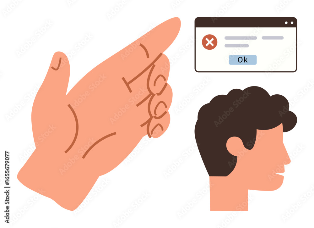 Poster hand signaling stop near a pop-up error window with a red warning symbol and an ok button, viewed be