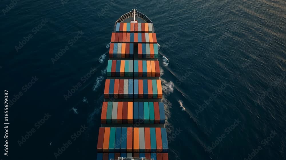 Poster container ship transporting cargo across ocean water with colorful shipping containers showing globa