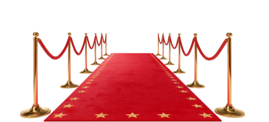 Red carpet with golden stanchions and ropes on a white background. Isolated red velvet path for a movie premiere or award ceremony,