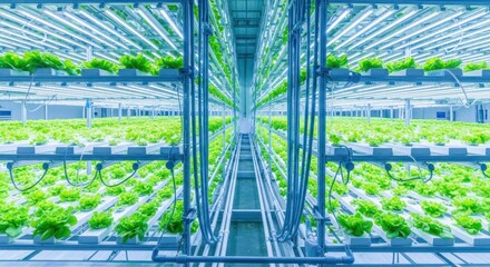 A modern, high-tech indoor farm with rows of lettuce plants under LED lighting.