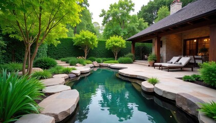 Fototapeta premium Serene backyard oasis featuring a meticulously designed landscape with lush greenery, stone pathways, and a tranquil water feature Perfect for relaxation and outdoor living , stone pathway, lawn