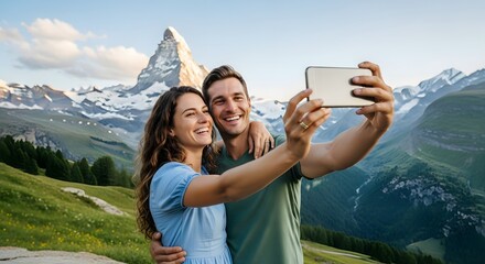 Happy young couple taking a selfie with the Matterhorn mountain in Switzerland.