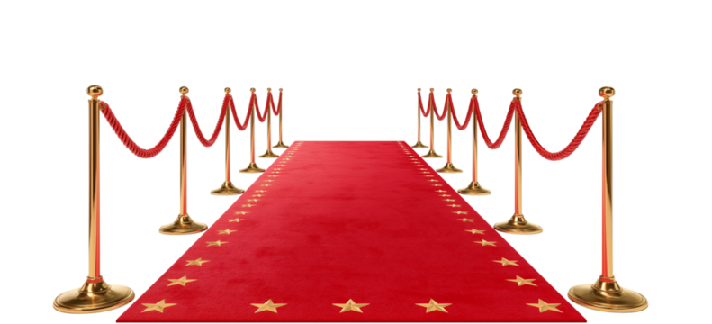 Red carpet with golden stanchions and ropes on a white background. Isolated red velvet path for a movie premiere or award ceremony,