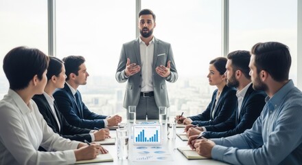 A business meeting in a modern office with a cityscape in the background.