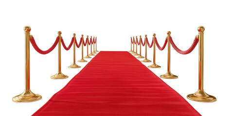 Red carpet with golden stanchions and ropes on a white background. Isolated red velvet path for a movie premiere or award ceremony,