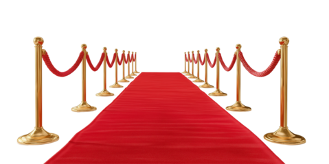 Red carpet with golden stanchions and ropes on a white background. Isolated red velvet path for a movie premiere or award ceremony,