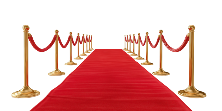 Red carpet with golden stanchions and ropes on a white background. Isolated red velvet path for a movie premiere or award ceremony,