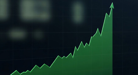 A green stock market chart going up in a dark background with a grid