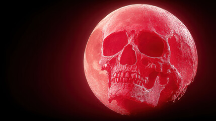 Giant skull shaped moon glows ominously in dark sky, creating haunting atmosphere