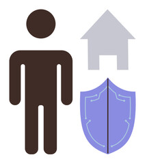 Human figure near a house and shield with digital patterns symbolizing safety, privacy, and household protection. Ideal for security, technology, home safety, privacy, insurance, defense