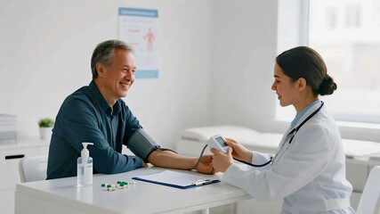 Doctor measuring blood pressure of senior man during medical checkup in modern clinic