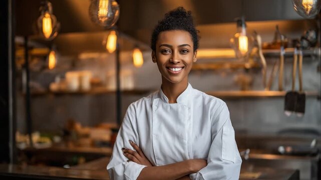 Culinary Confidence: A skilled chef radiates warmth and pride as she poses in a professional kitchen setting, the soft glow of ambient lights highlighting her focused gaze and poised posture.