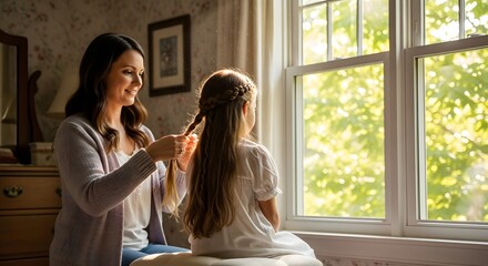 Mother Braiding Daughters Hair by Window.