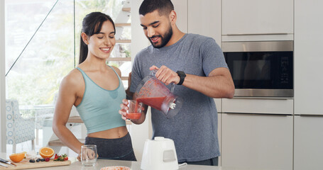 Smoothie, home and couple in kitchen, smile and detox with support, gut health or wellness....