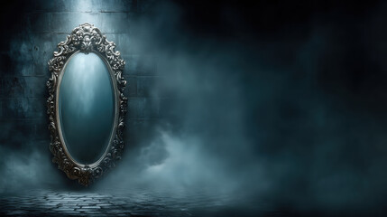 Haunted Victorian mirror reflects eerie atmosphere, surrounded by fog and shadows