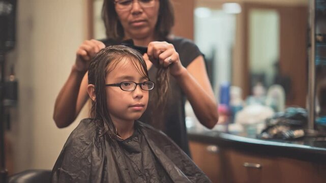 Haircut Moment: Capturing the intimate moment of a haircut, a professional meticulously snips the hair of a child, embodying trust and the transformation of appearance.