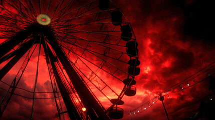 Haunting ferris wheel silhouette against dramatic red sky evokes eerie emotions