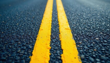 Close-up view of faded double yellow lines on worn asphalt , road damage, cracked, lines
