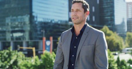Business man, thinking and commute in city for property viewing, idea and planning outdoor. Urban...